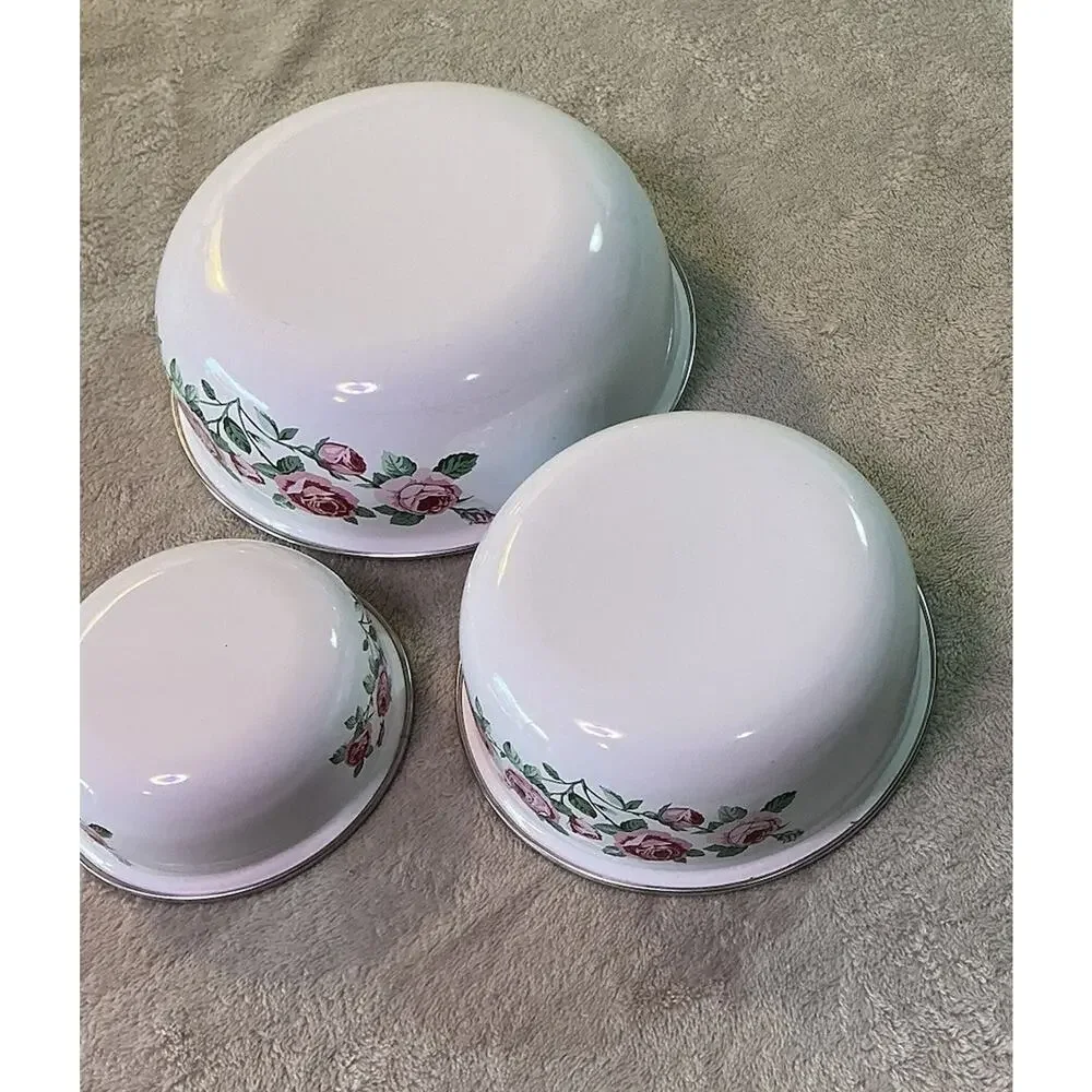 Vintage Rose Mixing Bowl 3 pc Cottagecore Floral Round Porcelain/Metal Bowl Set